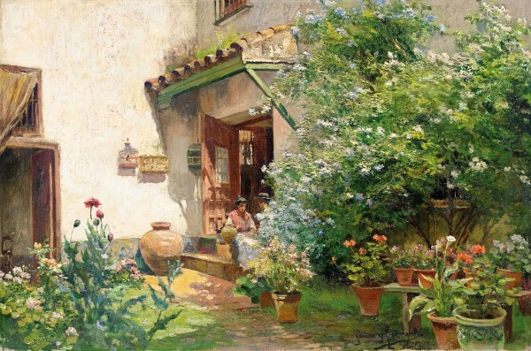 Figures talking inside courtyard by Manuel Garcia y Rodriguez